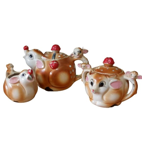 Vintage Ceramic Deer Tea Set Teapot Creamer Sugar Japan Bambi - Picture 1 of 15